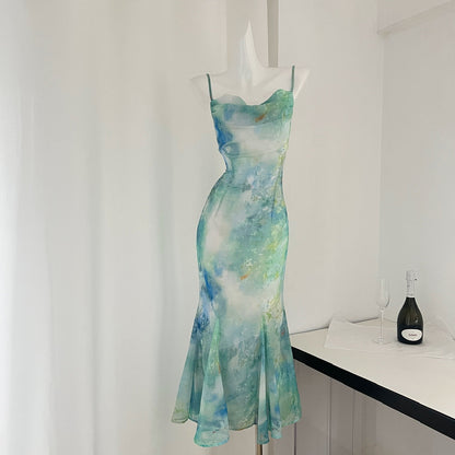 Cute Mermaid Spaghetti Straps Green Long Summer Dress For Women DP0016