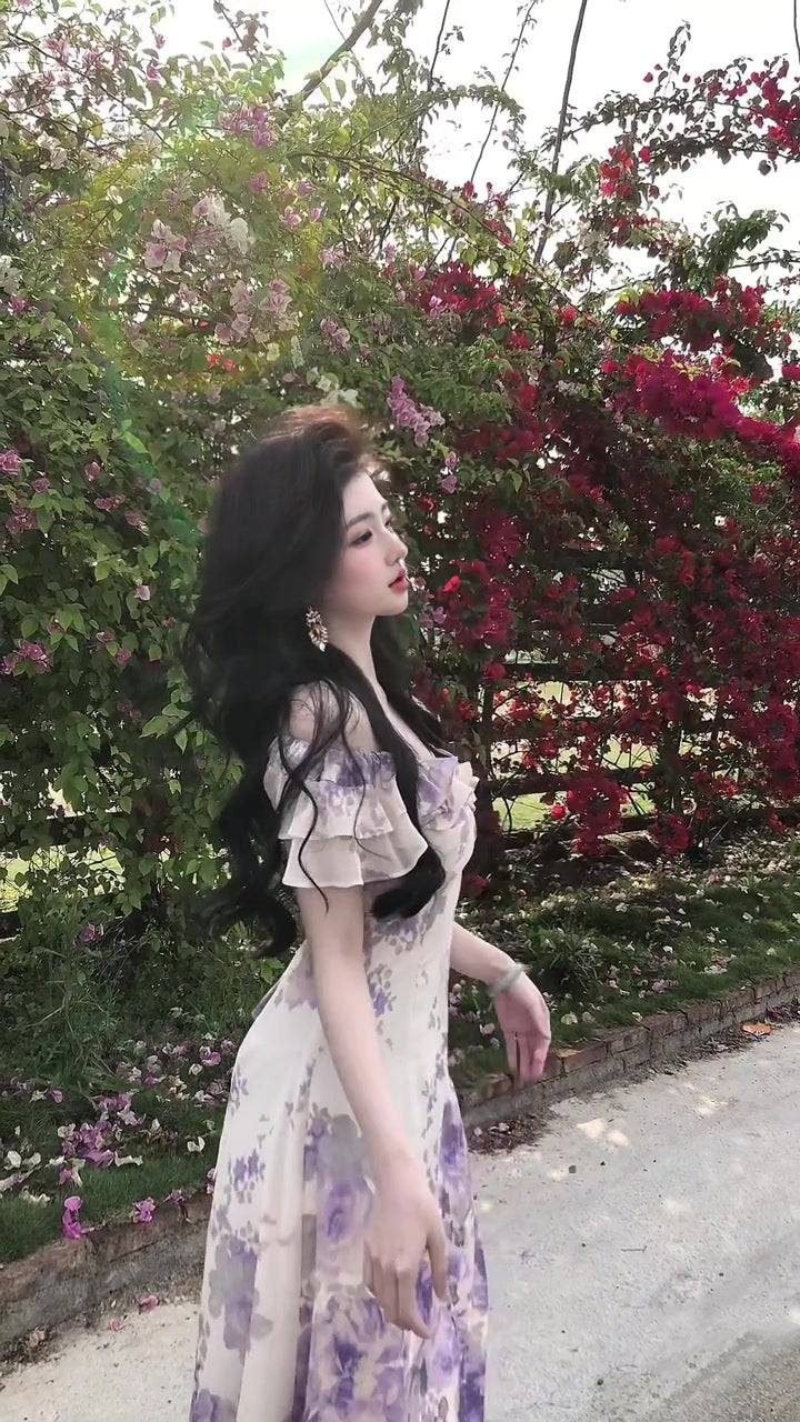 Purple V-neck floral one-shoulder dress gentle temperament waist A-line long skirt R0776