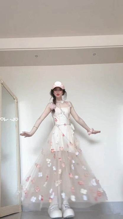 Flower suspender dress gentle temperament beautiful waist A-line long skirt R0661