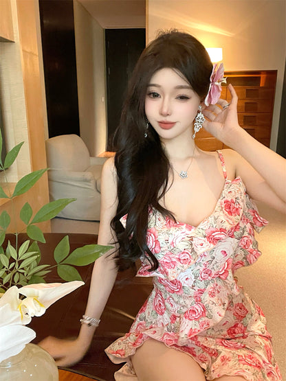 Tea break French v-neck floral suspender dress gentle temperament waist slit skirt R0619
