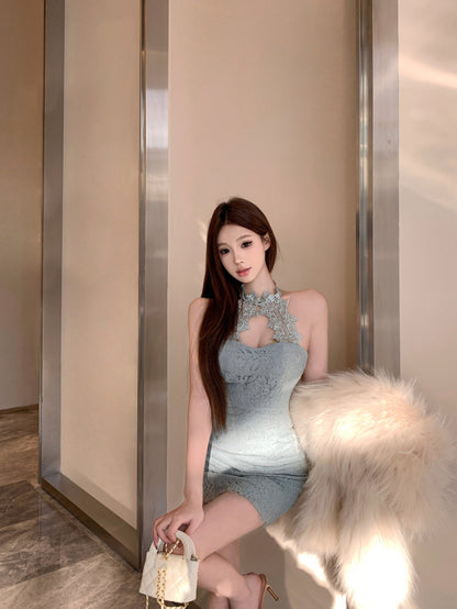 Sexy halter neck slim fit hip skirt hollow dress dress R0544
