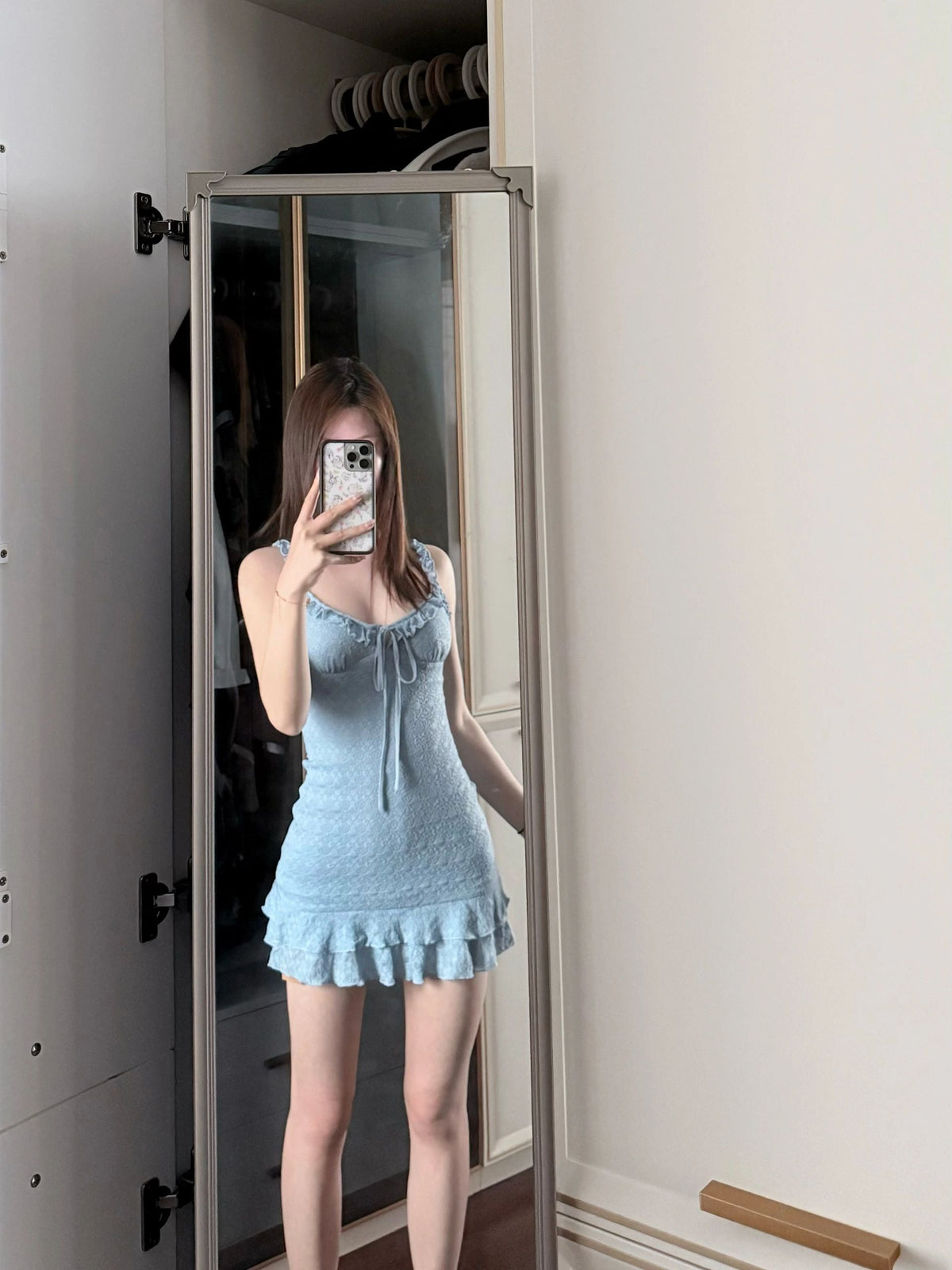 Sexy retro blue suspender dress beautiful waist slim a-line short skirt R0724