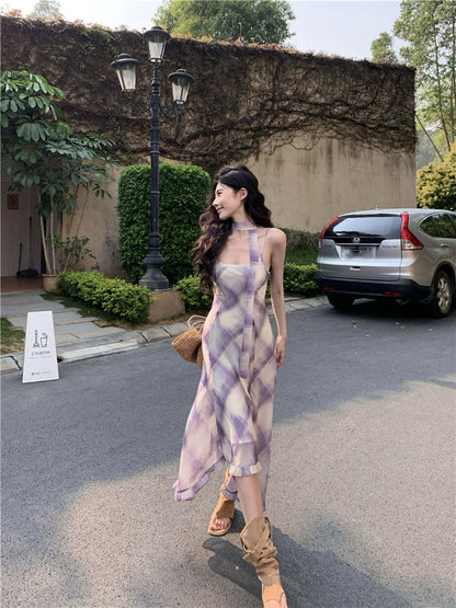Gentle temperament purple plaid suspender dress beautiful waist A-line long skirt R0734