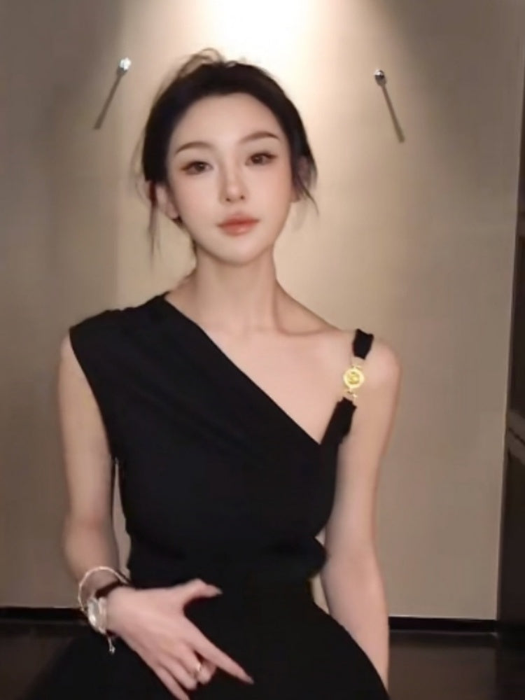 French black off-shoulder irregular pleated vest top bud skirt two-piece homecoming dress R3024
