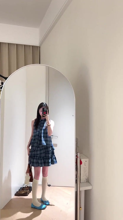 Retro blue sleeveless halter dress gentle temperament A-line short skirt R0817