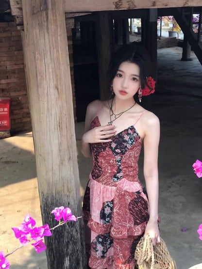 Women's Retro Floral Sling Dress Beautiful Waist A-Line Long Dress R0605