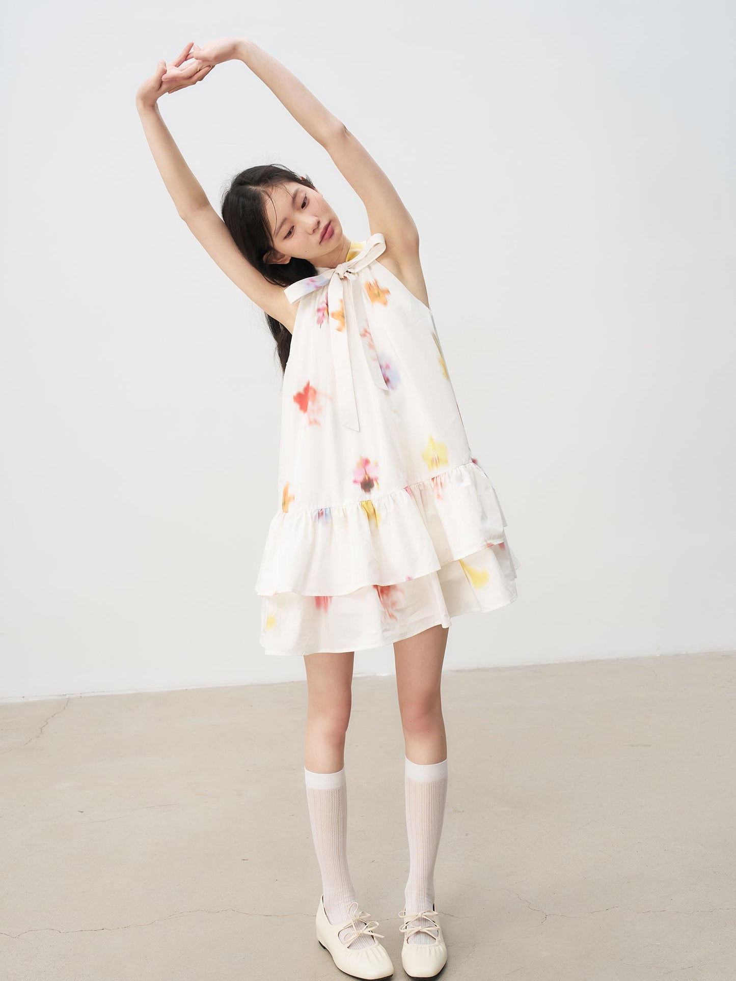 Sleeveless Floral Bow Tie Halter Dress with Ruffled Hem Tutu Skirt R5169