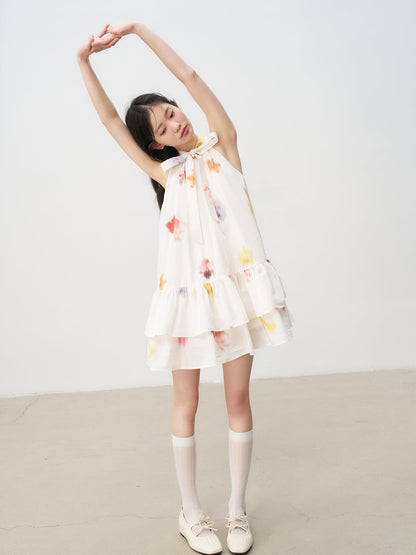 Sleeveless Floral Bow Tie Halter Dress with Ruffled Hem Tutu Skirt R5169