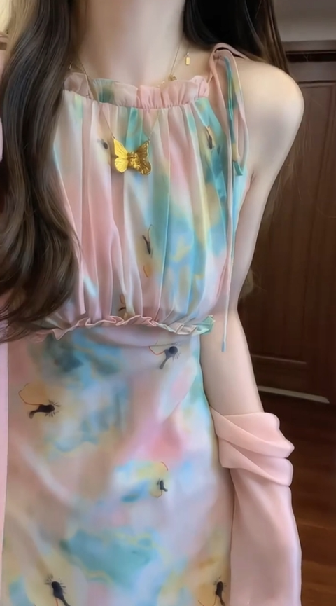 Gentle temperament oil painting floral dress beautiful waist slim fit small skirt R0629