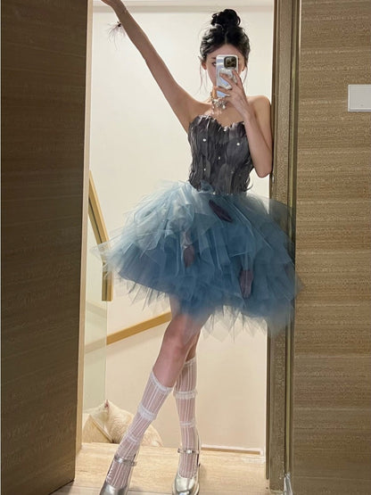 New slim fit feather evening dress prom dinner annual party tutu short homecoming dress R3012