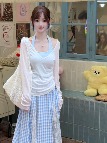 Women's suit beautiful long-sleeved T-shirt blue halter neck vest skirt three-piece suit R0695