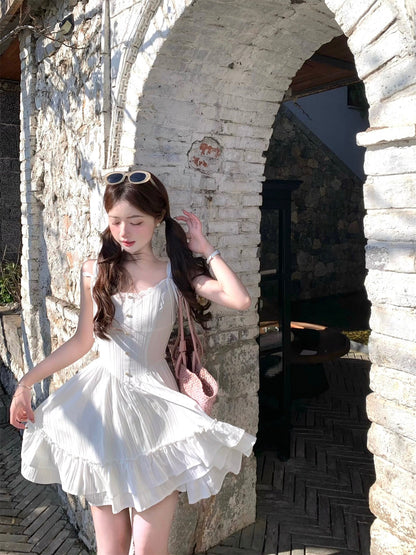 First Love Sweet White Suspender Dress Women's Summer Little White Dress R3827