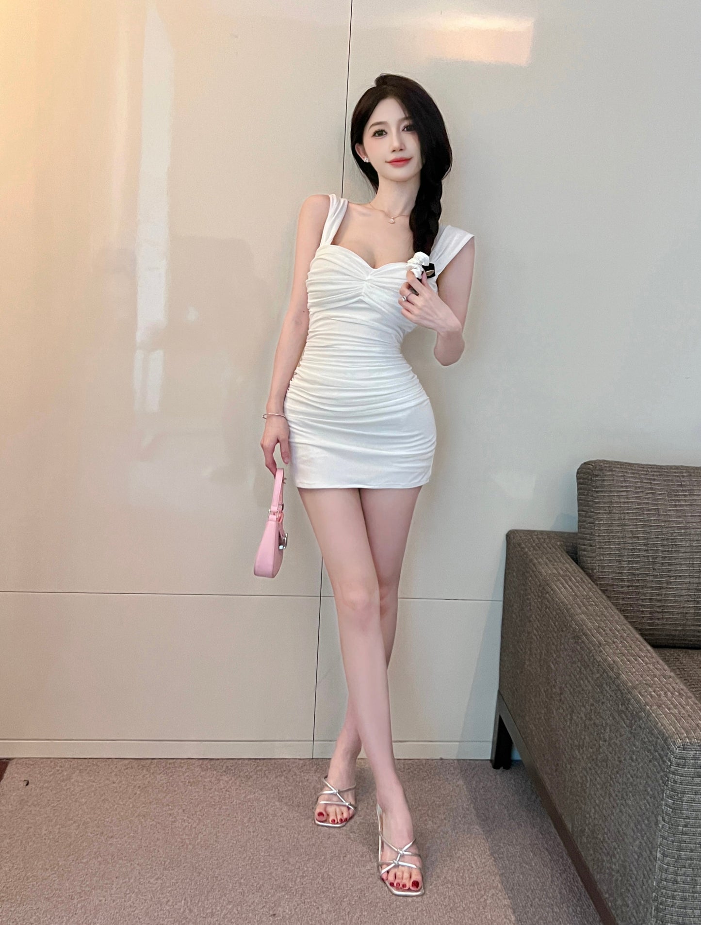 Sexy mesh pleated dress summer new style slim fit temperament hip sleeveless short skirt R3712