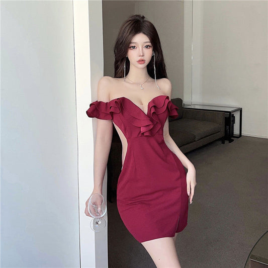 Sexy ruffled one-shoulder dress for women, high-end temperament, v-neck, slim-fitting, hip-wrapped short skirt R3676