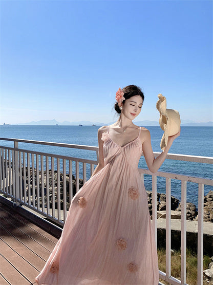 Pink flower suspender dress beautiful small skirt temperament long skirt R0521
