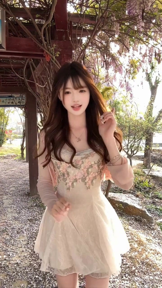 Flower suspender dress gentle and sweet style temperament waist A-line short skirt R0812