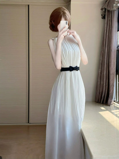 Gentle style white sleeveless chiffon dress temperament waist A-line long skirt R0743