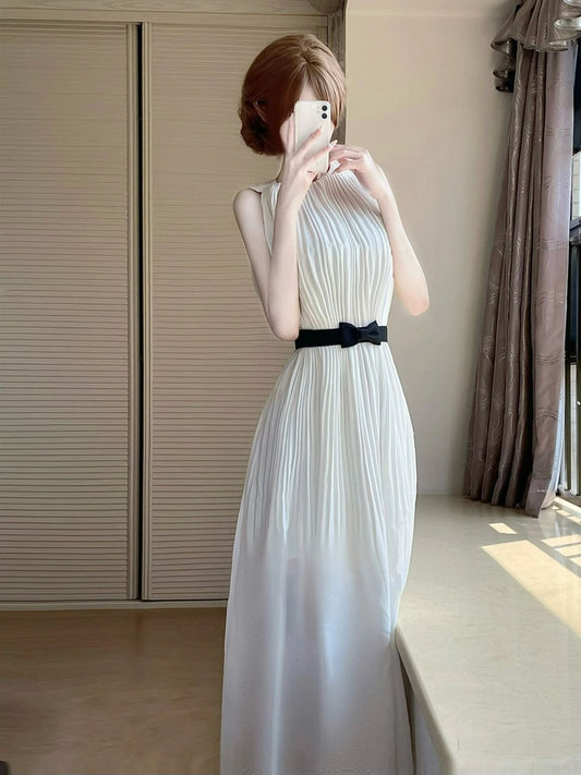 Gentle style white sleeveless chiffon dress temperament waist A-line long skirt R0743