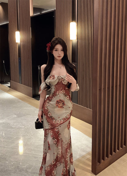 Retro tube top floral dress beautiful waist slim hip skirt R0573
