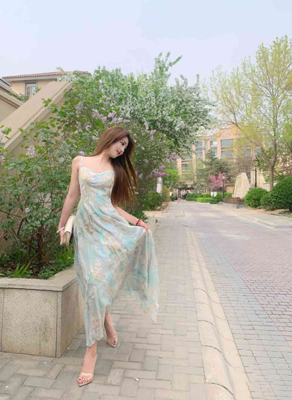 Green floral suspender dress gentle temperament waist small skirt R0578