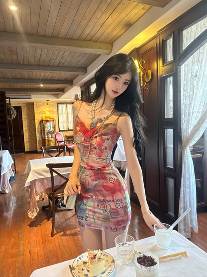 Sexy slim waist suspender dress beautiful printed hip skirt R0577