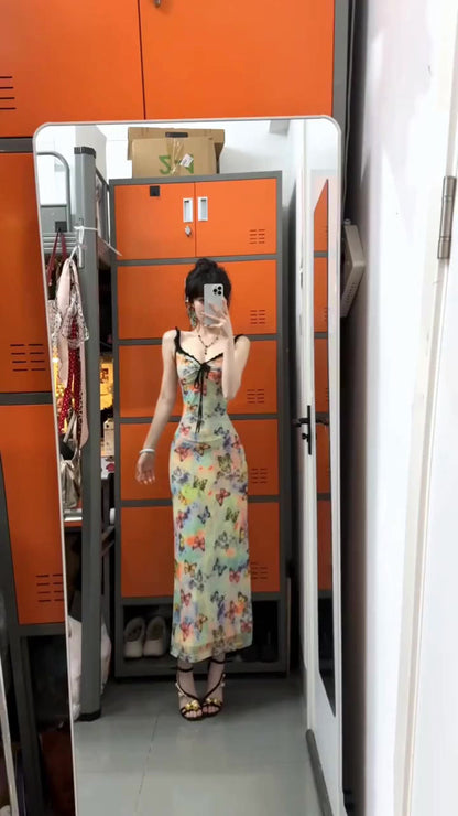 Floral suspender dress with gentle temperament, slim waist and hip skirt R0574