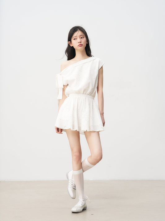 White French hollow flower off-shoulder dress with bow tie design and waist skirt R5131