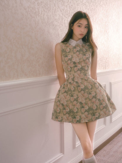 Rose Oil Painting Shirt Collar Sleeveless Dress Qianjinfeng Puffy Slim Waist Vest Dress R5134