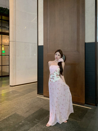 Gentle style pink floral hollow one-shoulder dress with waist A-line long skirt R0612