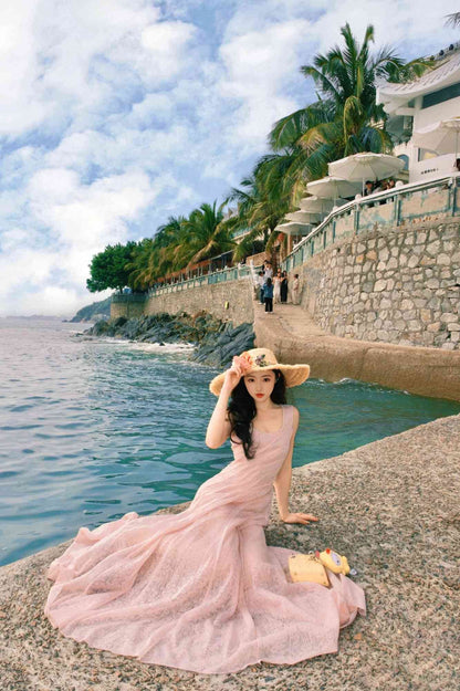 Pink lace suspender dress unique waist temperament long skirt R0496