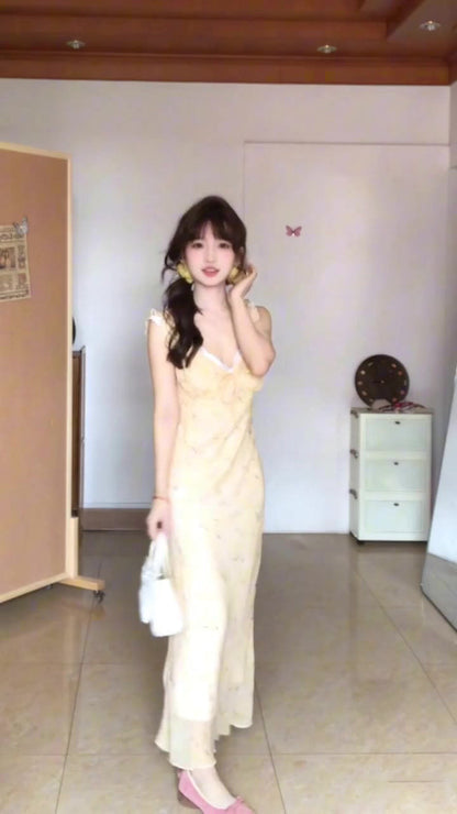 Gentle style yellow v-neck floral dress beautiful temperament waist slim long dress R0503