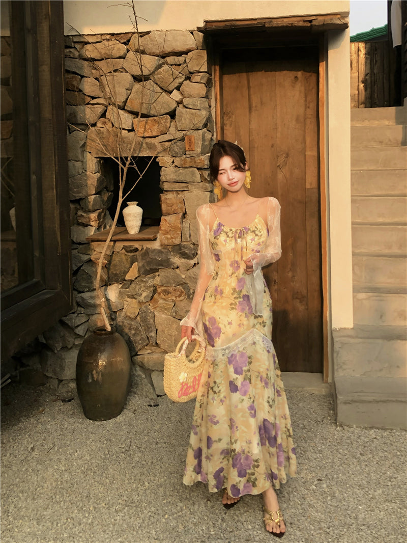 Beautiful floral fishtail suspender long dress slim hip dress R0628