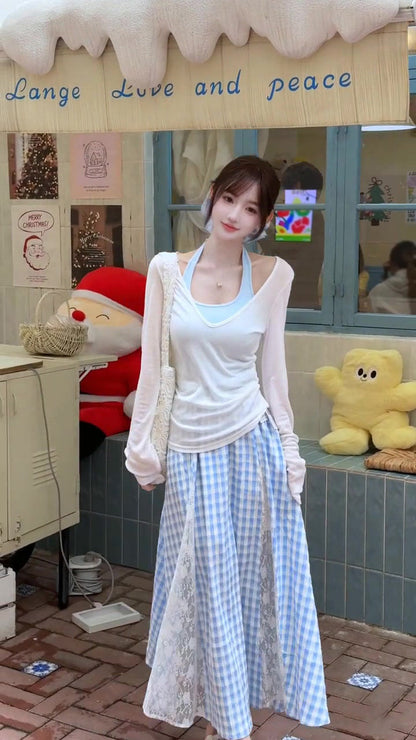 Women's suit beautiful long-sleeved T-shirt blue halter neck vest skirt three-piece suit R0695
