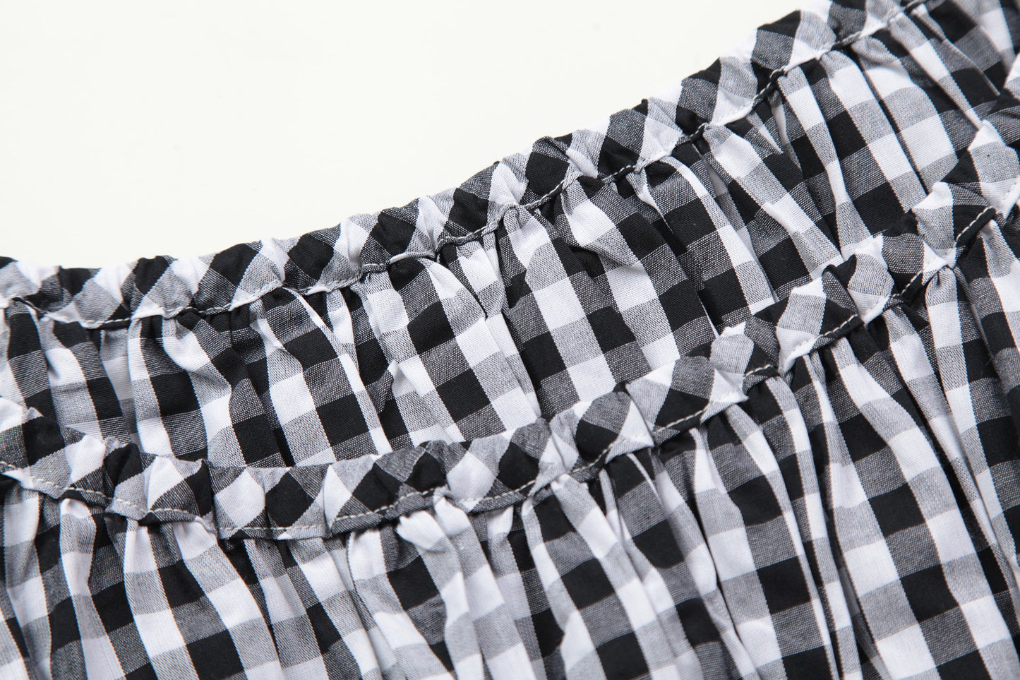 Literary style retro black and white plaid waist short-sleeved dress summer mini skirt R3099