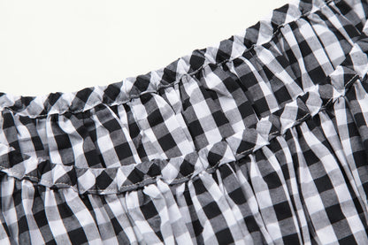 Literary style retro black and white plaid waist short-sleeved dress summer mini skirt R3099