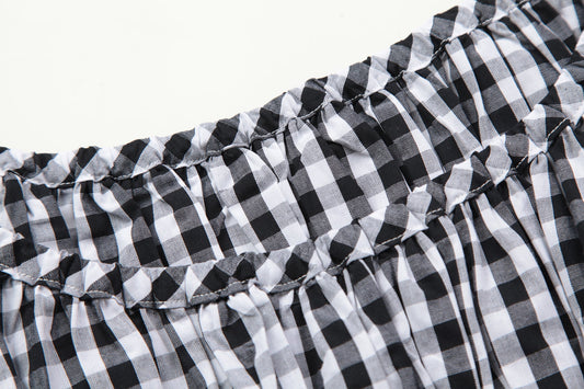 Literary style retro black and white plaid waist short-sleeved dress summer mini skirt R3099