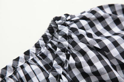 Literary style retro black and white plaid waist short-sleeved dress summer mini skirt R3099