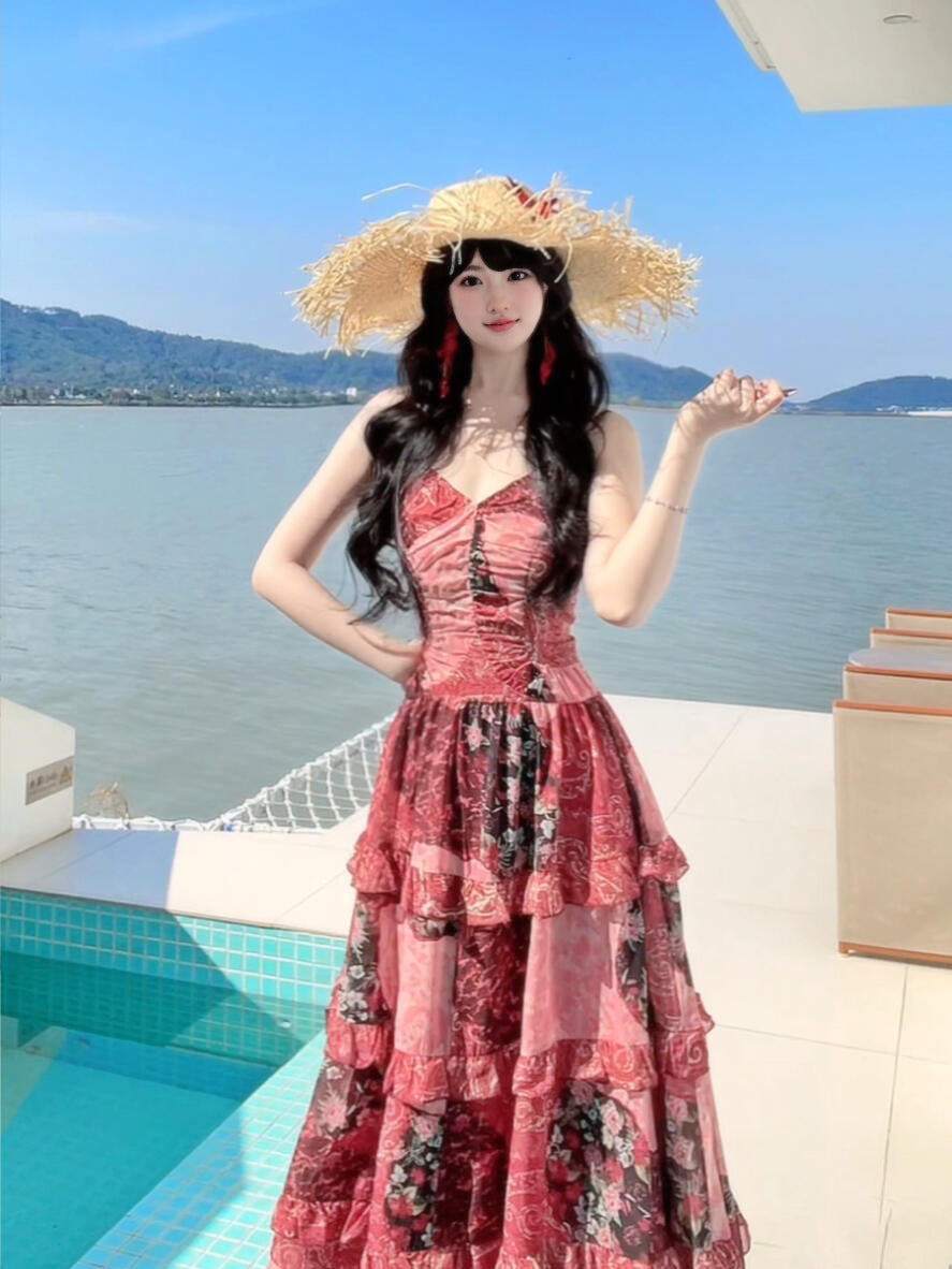 Retro floral suspender dress beautiful waist temperament long skirt R0610