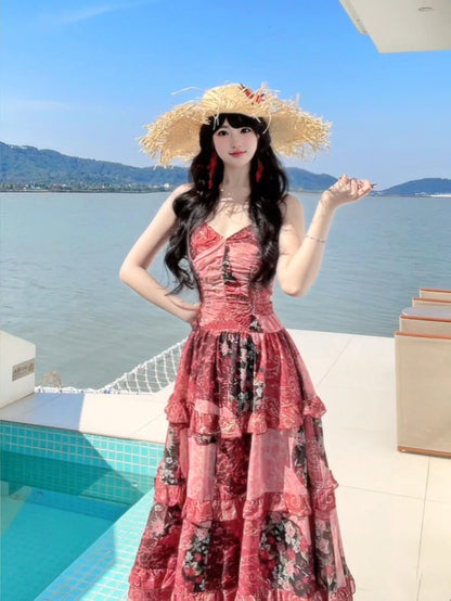 Retro floral suspender dress beautiful waist temperament long skirt R0610