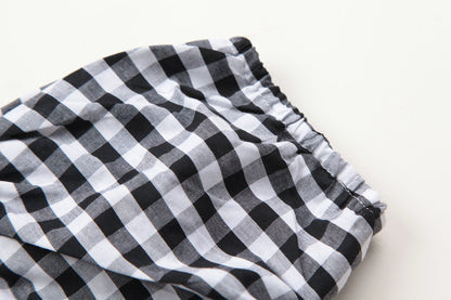 Literary style retro black and white plaid waist short-sleeved dress summer mini skirt R3099