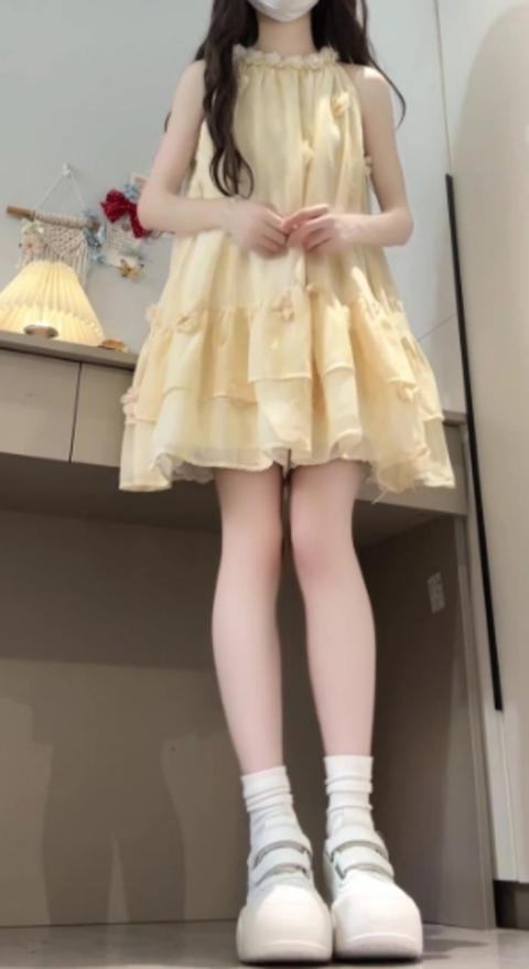 Gentle style flower sleeveless halter dress beautiful temperament waist A-line short skirt R0810