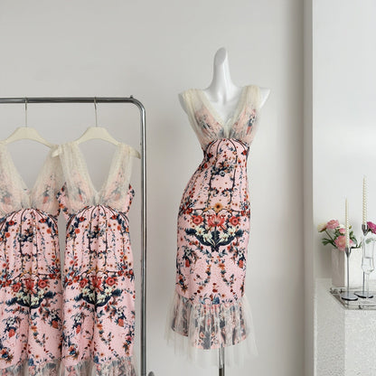 Cute Mermaid V Neckline Floral Pink Lace Long Summer Dress For Women DP0025