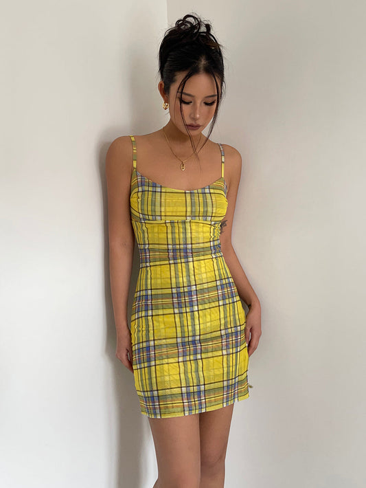 Show body American hot girl sexy yellow plaid soft a-line suspender skirt holiday dress R3033