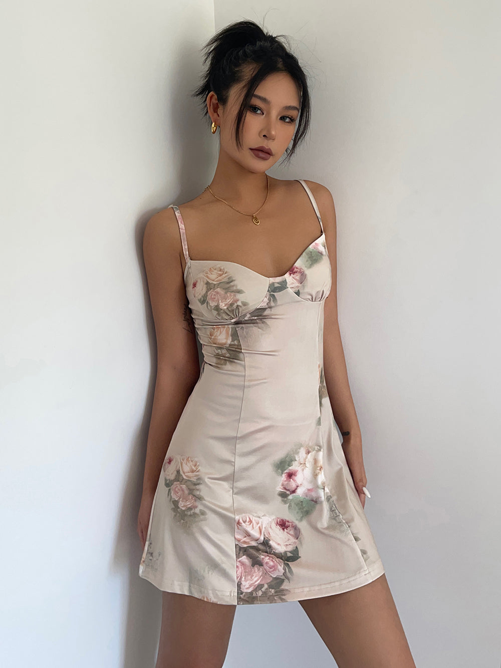 Rose suspender dress summer slim temperament sleeveless skirt waist a-line short skirt R3031