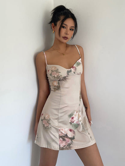 Rose suspender dress summer slim temperament sleeveless skirt waist a-line short skirt R3031