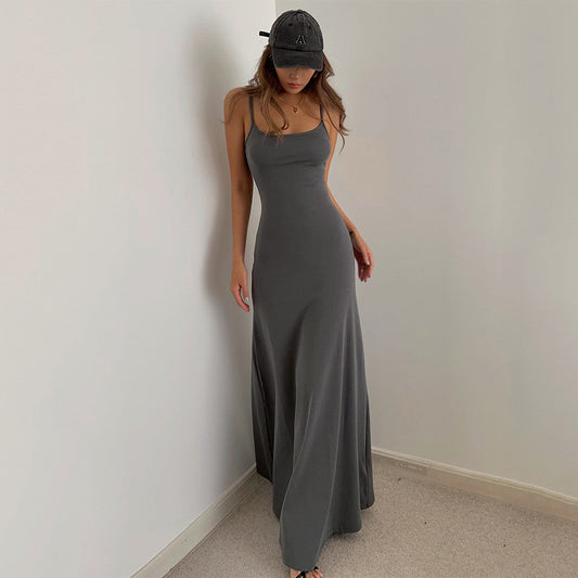 Simple temperament suspender long skirt super A figure waistline sexy hot girl dress R3030