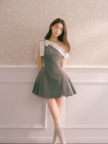 Gray polka dot off-shoulder niche dress with bow tie and waist-hugging puffy miniskirt R5127