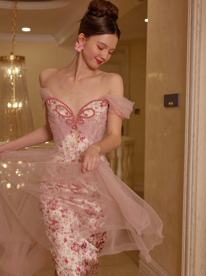 French fairy dress mesh satin printed fishbone dress evening gown dress homecoming dress R5117