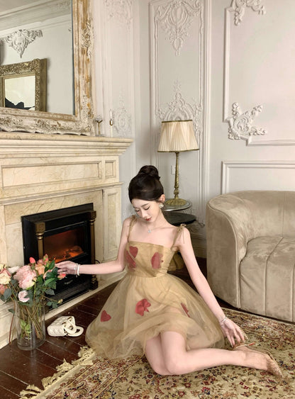 Gentle temperament mesh floral sling dress unique waist fluffy flower bud skirt R0494