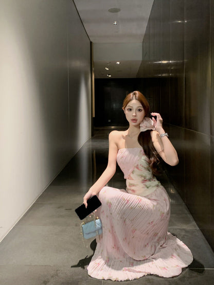 Gentle style pink floral hollow one-shoulder dress with waist A-line long skirt R0612